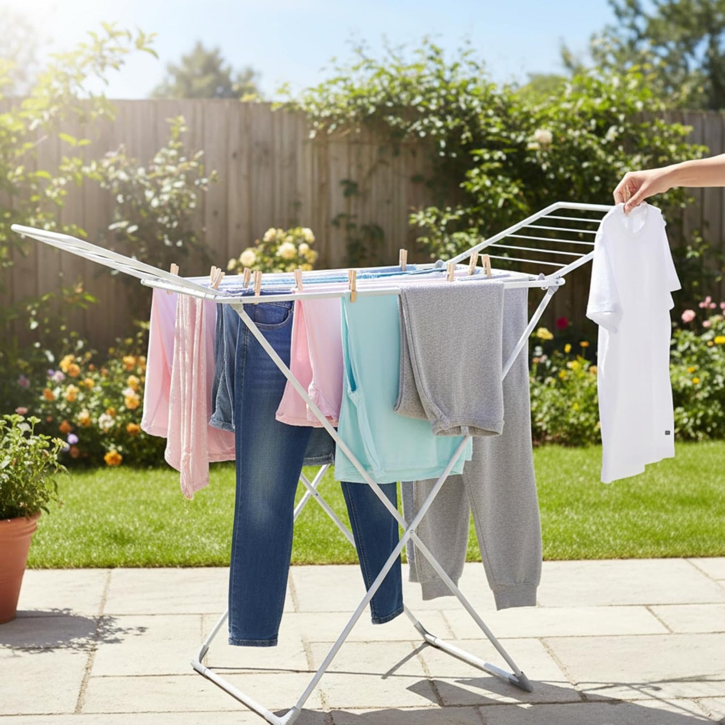 NATURAL GUEST Foldable Clothes Drying Rack for Laundry – Heavy Duty Stainless Steel Foldable Dryer Stand, Adjustable Wings, Indoor & Outdoor Clothing Hanger, Portable Space-Saving Drying Stand