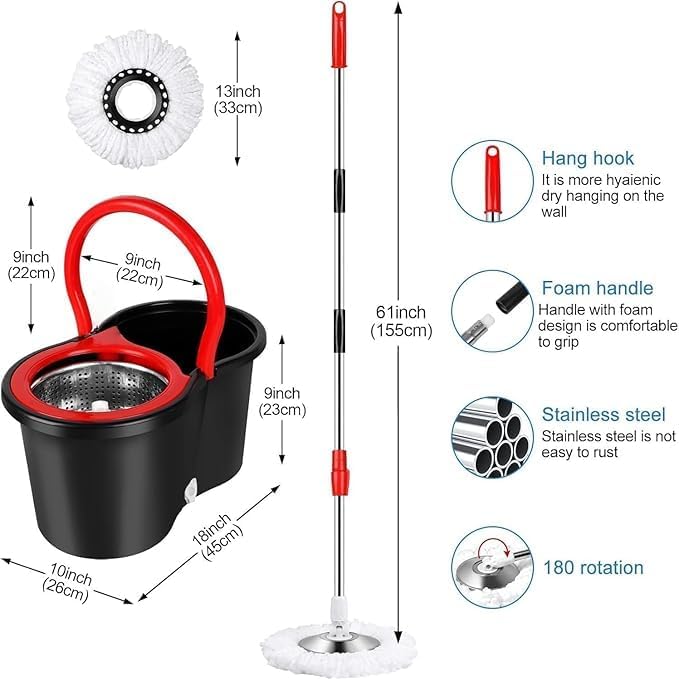 Spin Mop & Bucket Set Sysytem – No Pedal Hands-Free Drying System with Stainless Steel Handle, 2 Microfiber Mop Heads, Removes 99% of Bacteria, Easy to Use, Machine Washable, for All Floor Types