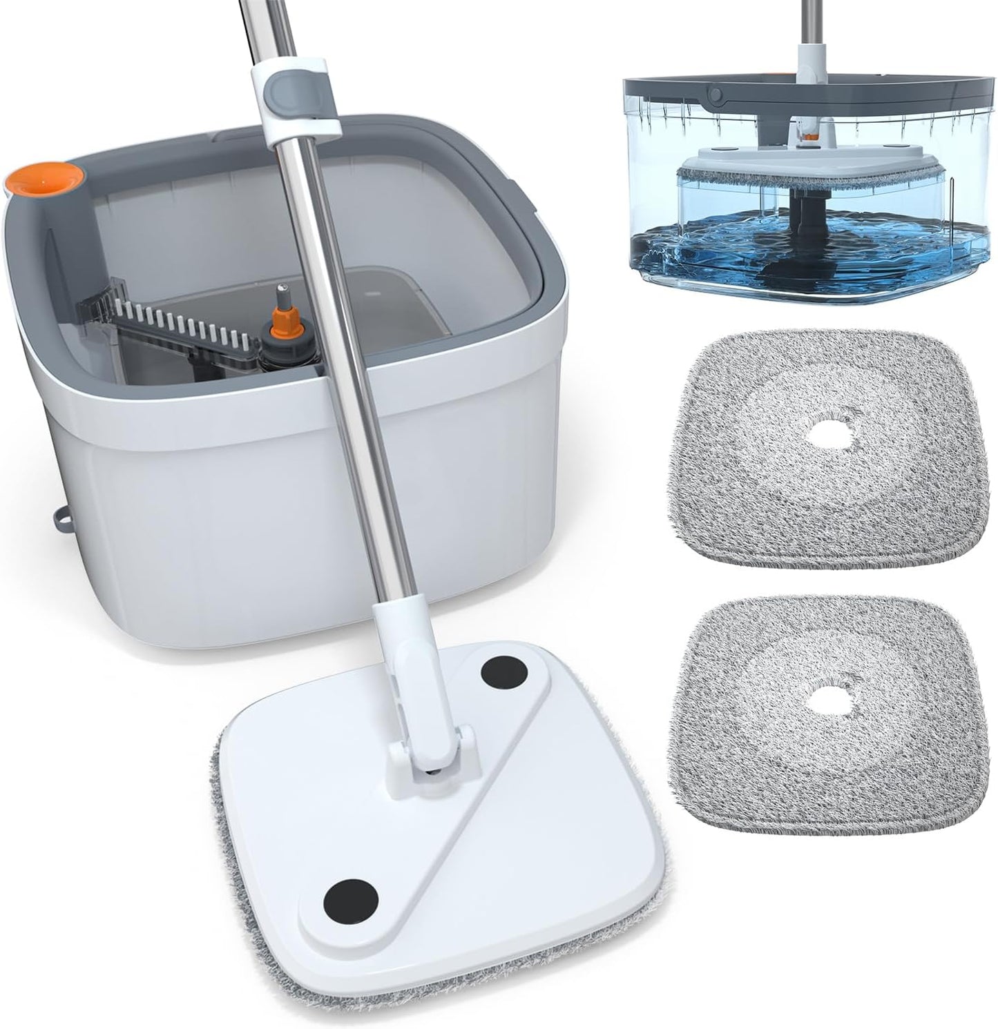 Spin Mop and Bucket Set with Self Separation Dirty and Clean Water System Self Wringing 360° Rotating Square Mop-Head, Separation Mop System with Detachable Reusable Mop Pad