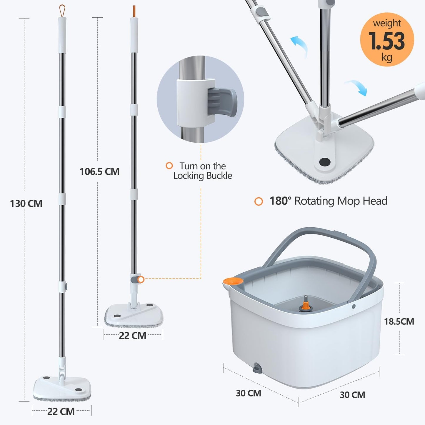 Spin Mop and Bucket Set with Self Separation Dirty and Clean Water System Self Wringing 360° Rotating Square Mop-Head, Separation Mop System with Detachable Reusable Mop Pad