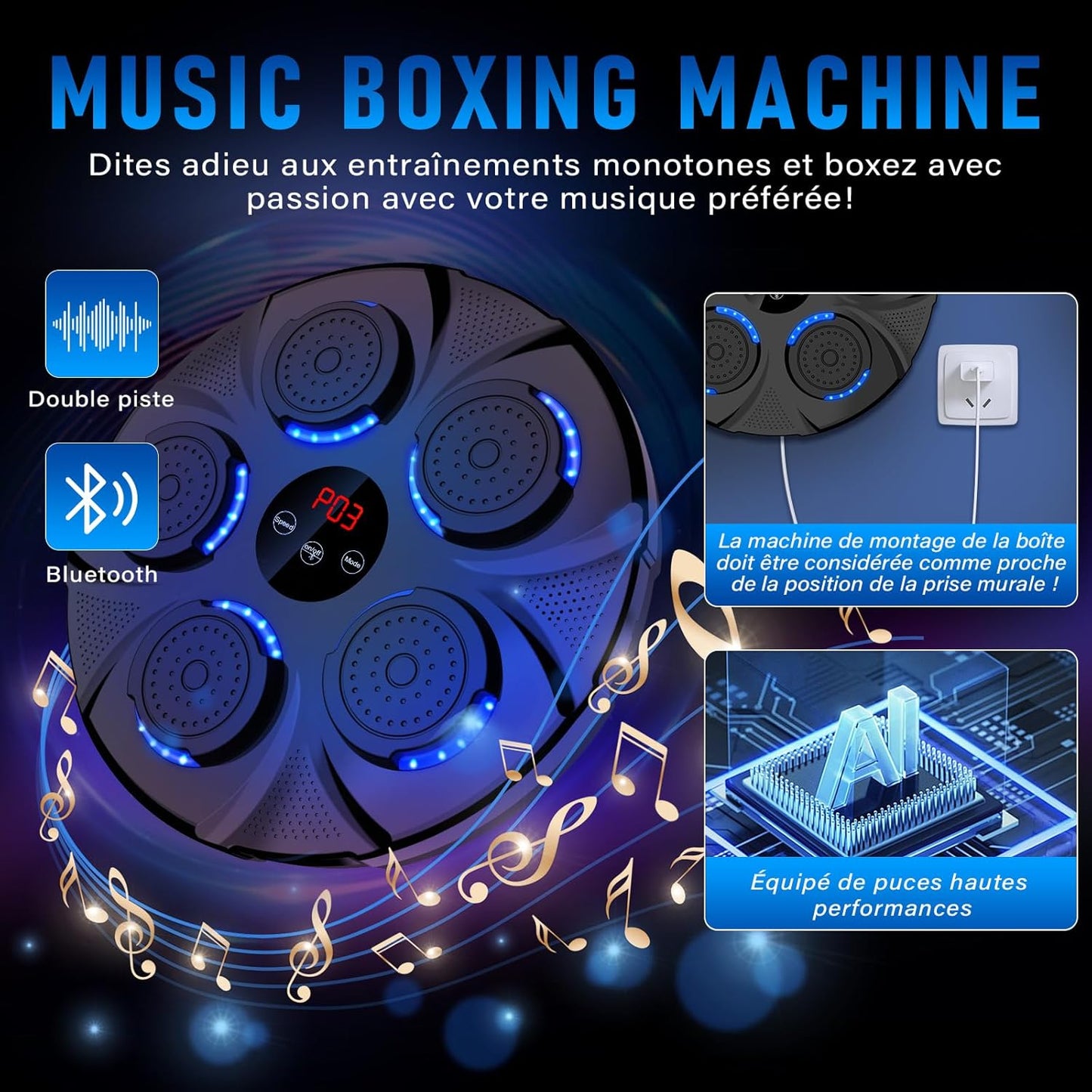 Natural Guest Music Boxing Machine, LED Music Boxing Machine, Wall Mounted Boxing Target, Supports Bluetooth, 9 Speed Modes and Counting Mode for Adults and Children Exercise