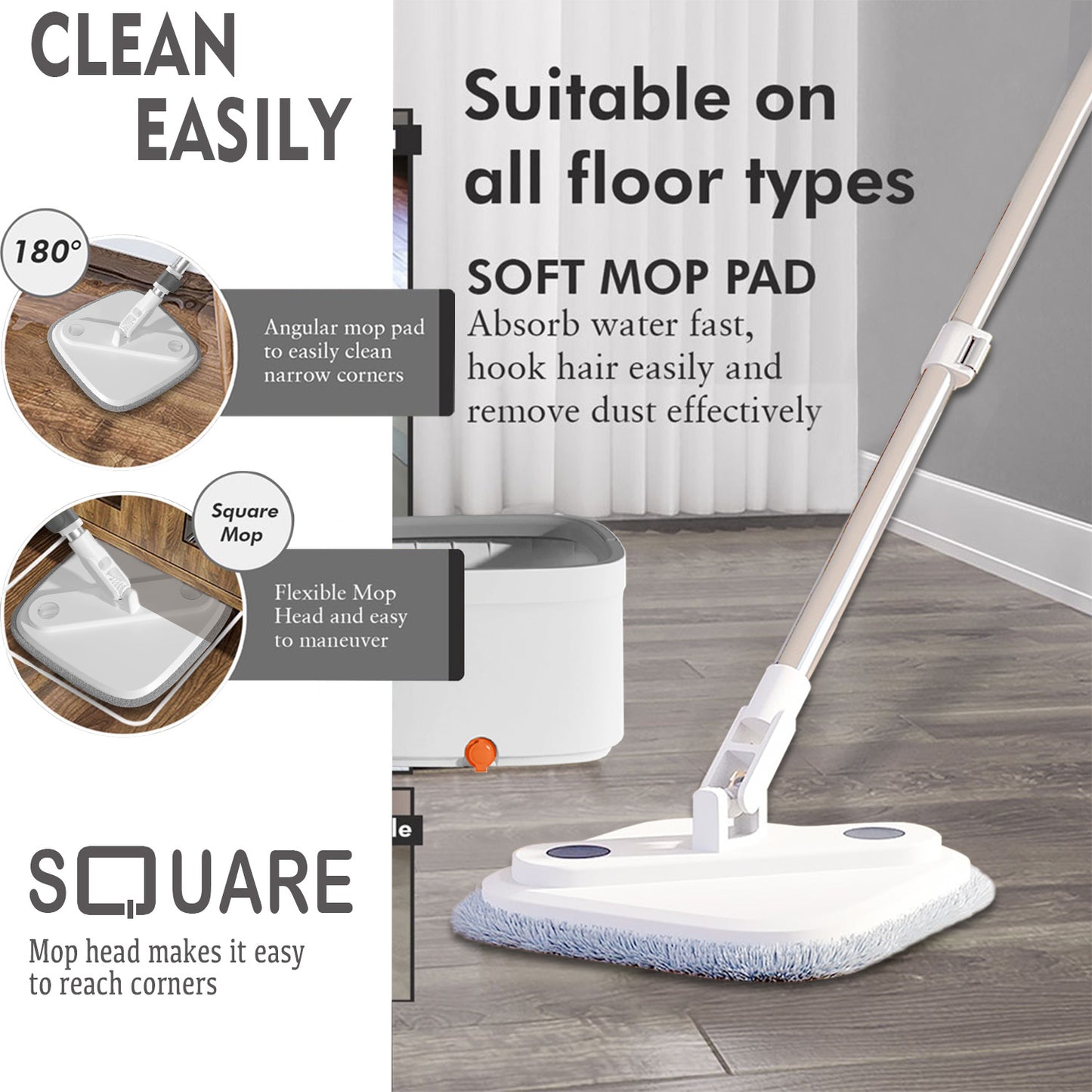 Premium Spin Mop & Bucket Set, Natural Guest® High-speed Turbine Effortless Dirt Separation - Visual Dehydration Indicator - Square Universal Mop Head - Ultra-Fine Fiber Cloth for Super Absorption