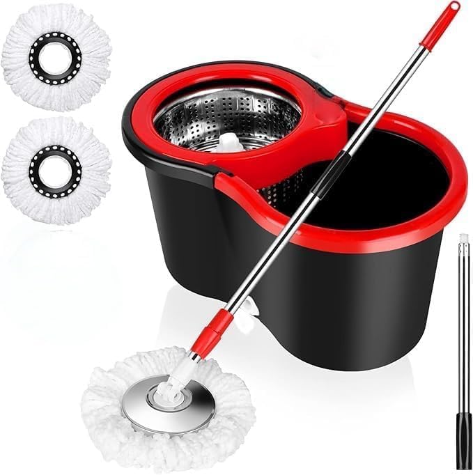 Spin Mop & Bucket Set Sysytem – No Pedal Hands-Free Drying System with Stainless Steel Handle, 2 Microfiber Mop Heads, Removes 99% of Bacteria, Easy to Use, Machine Washable, for All Floor Types