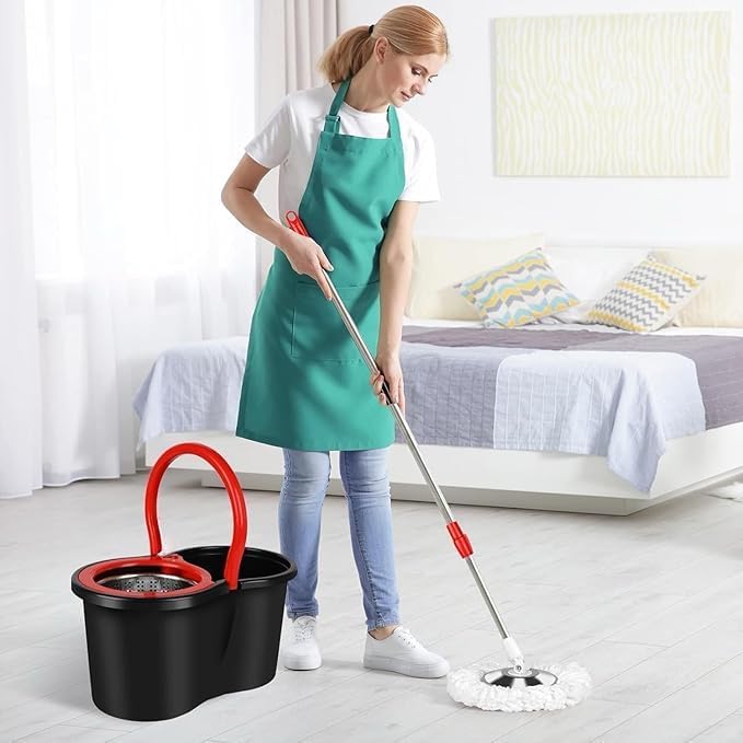 Spin Mop & Bucket Set Sysytem – No Pedal Hands-Free Drying System with Stainless Steel Handle, 2 Microfiber Mop Heads, Removes 99% of Bacteria, Easy to Use, Machine Washable, for All Floor Types