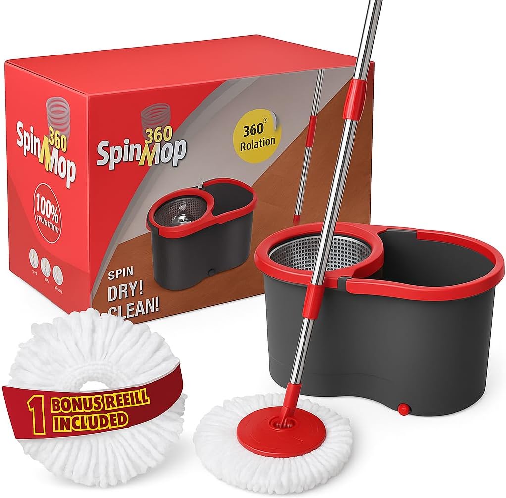 Spin Mop & Bucket Set System – Pedal-Free Hands-Free Drying with Stainless Steel Handle, 2 Microfiber Heads, 360° Spin, Washable, Splash-Free Design, Ideal for All Floor Types