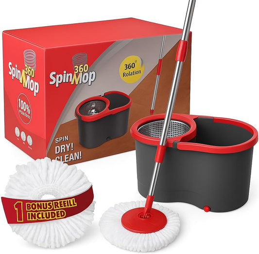 Spin Mop & Bucket Set System – Pedal-Free Hands-Free Drying with Stainless Steel Handle, 2 Microfiber Heads, 360° Spin, Washable, Splash-Free Design, Ideal for All Floor Types