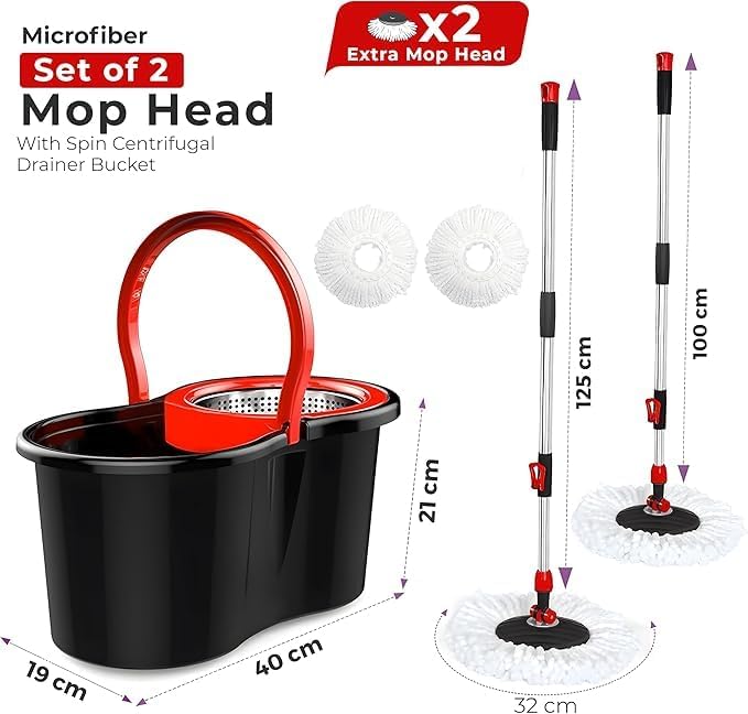 Spin Mop & Bucket Set Sysytem – No Pedal Hands-Free Drying System with Stainless Steel Handle, 2 Microfiber Mop Heads, Removes 99% of Bacteria, Easy to Use, Machine Washable, for All Floor Types