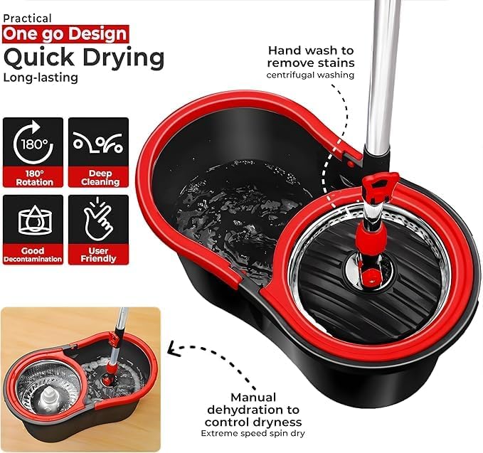 Spin Mop & Bucket Set Sysytem – No Pedal Hands-Free Drying System with Stainless Steel Handle, 2 Microfiber Mop Heads, Removes 99% of Bacteria, Easy to Use, Machine Washable, for All Floor Types