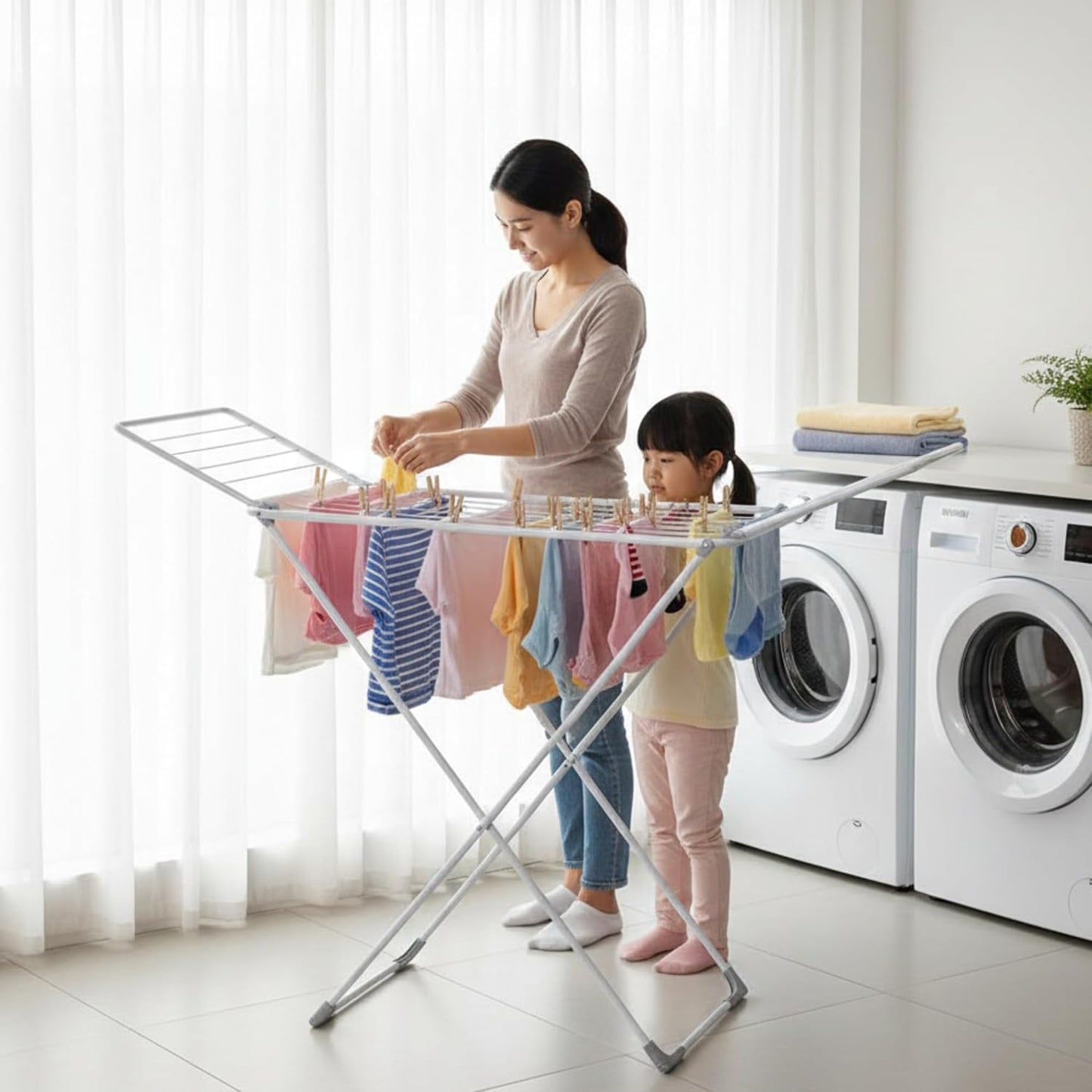 NATURAL GUEST Foldable Clothes Drying Rack for Laundry – Heavy Duty Stainless Steel Foldable Dryer Stand, Adjustable Wings, Indoor & Outdoor Clothing Hanger, Portable Space-Saving Drying Stand