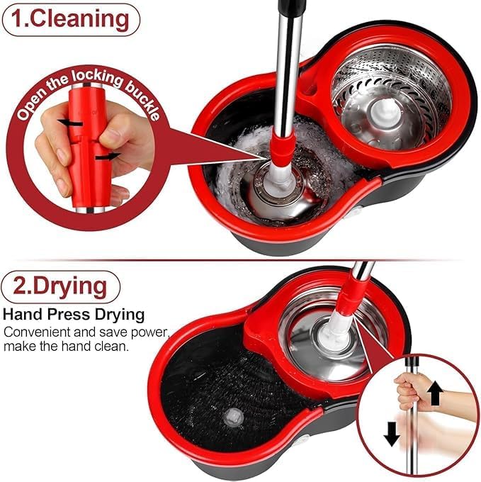 Spin Mop & Bucket Set Sysytem – No Pedal Hands-Free Drying System with Stainless Steel Handle, 2 Microfiber Mop Heads, Removes 99% of Bacteria, Easy to Use, Machine Washable, for All Floor Types