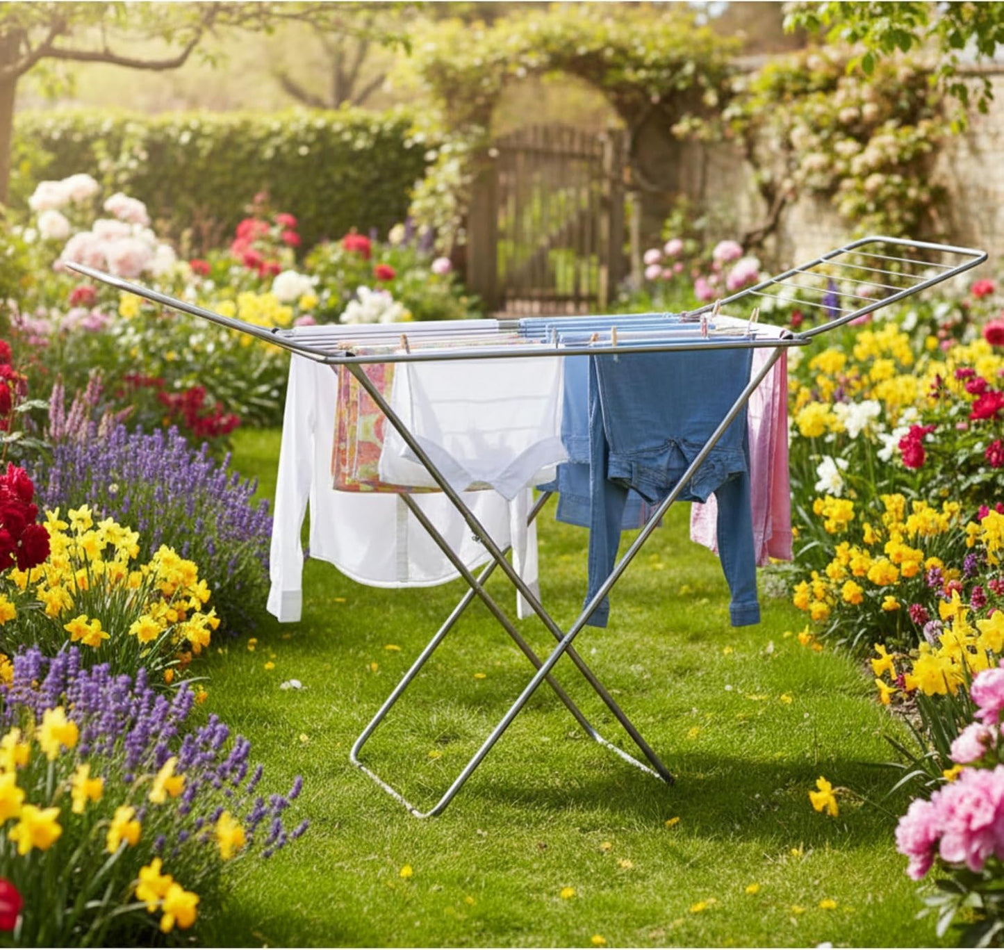 NATURAL GUEST Foldable Clothes Drying Rack for Laundry – Heavy Duty Stainless Steel Foldable Dryer Stand, Adjustable Wings, Indoor & Outdoor Clothing Hanger, Portable Space-Saving Drying Stand