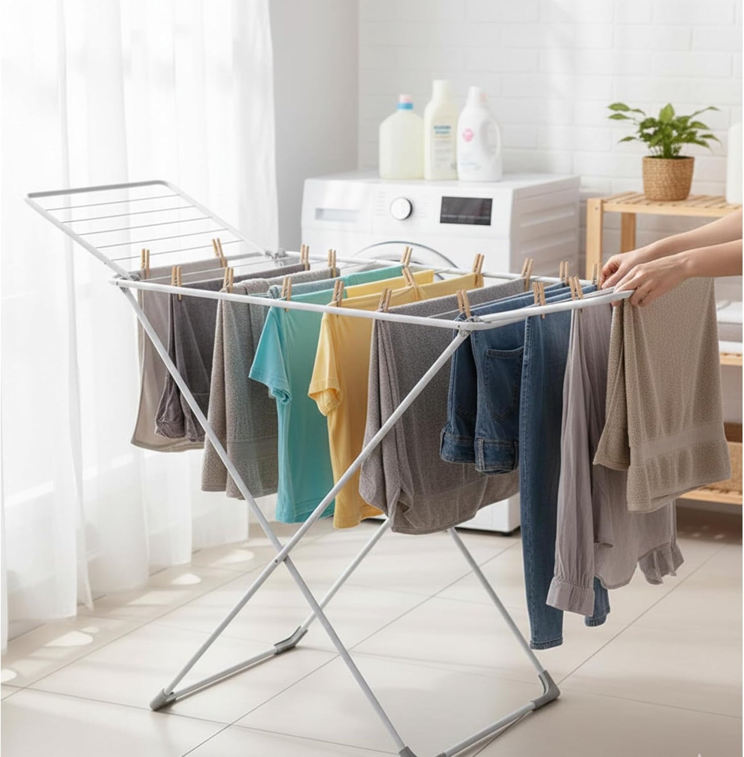 NATURAL GUEST Foldable Clothes Drying Rack for Laundry – Heavy Duty Stainless Steel Foldable Dryer Stand, Adjustable Wings, Indoor & Outdoor Clothing Hanger, Portable Space-Saving Drying Stand