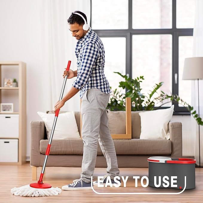 Spin Mop & Bucket Set System – Pedal-Free Hands-Free Drying with Stainless Steel Handle, 2 Microfiber Heads, 360° Spin, Washable, Splash-Free Design, Ideal for All Floor Types