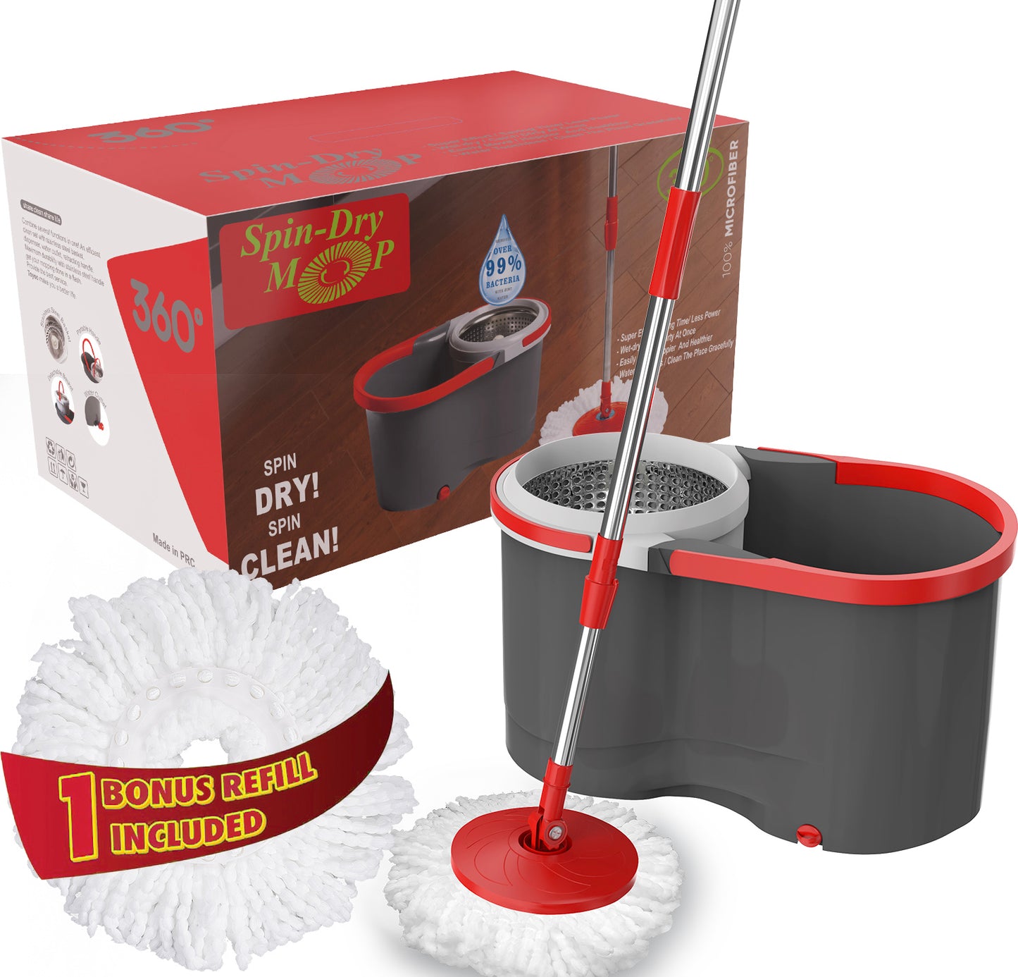 Spin Mop & Bucket Set Sysytem – No Pedal Power Rotation Drying System with Stainless Steel Handle, 2 Microfiber Mop Heads, Removes 99% of Bacteria, Easy to Use, Machine Washable, for All Floor Types
