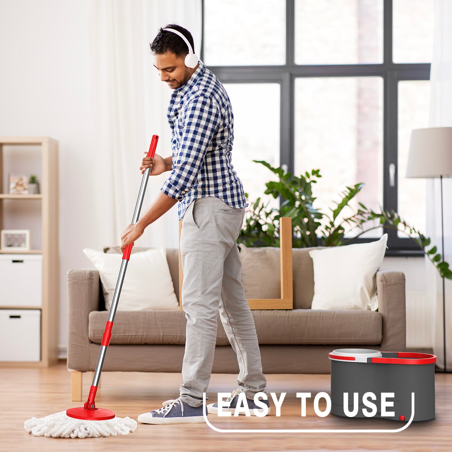 Spin Mop & Bucket Set Sysytem – No Pedal Power Rotation Drying System with Stainless Steel Handle, 2 Microfiber Mop Heads, Removes 99% of Bacteria, Easy to Use, Machine Washable, for All Floor Types