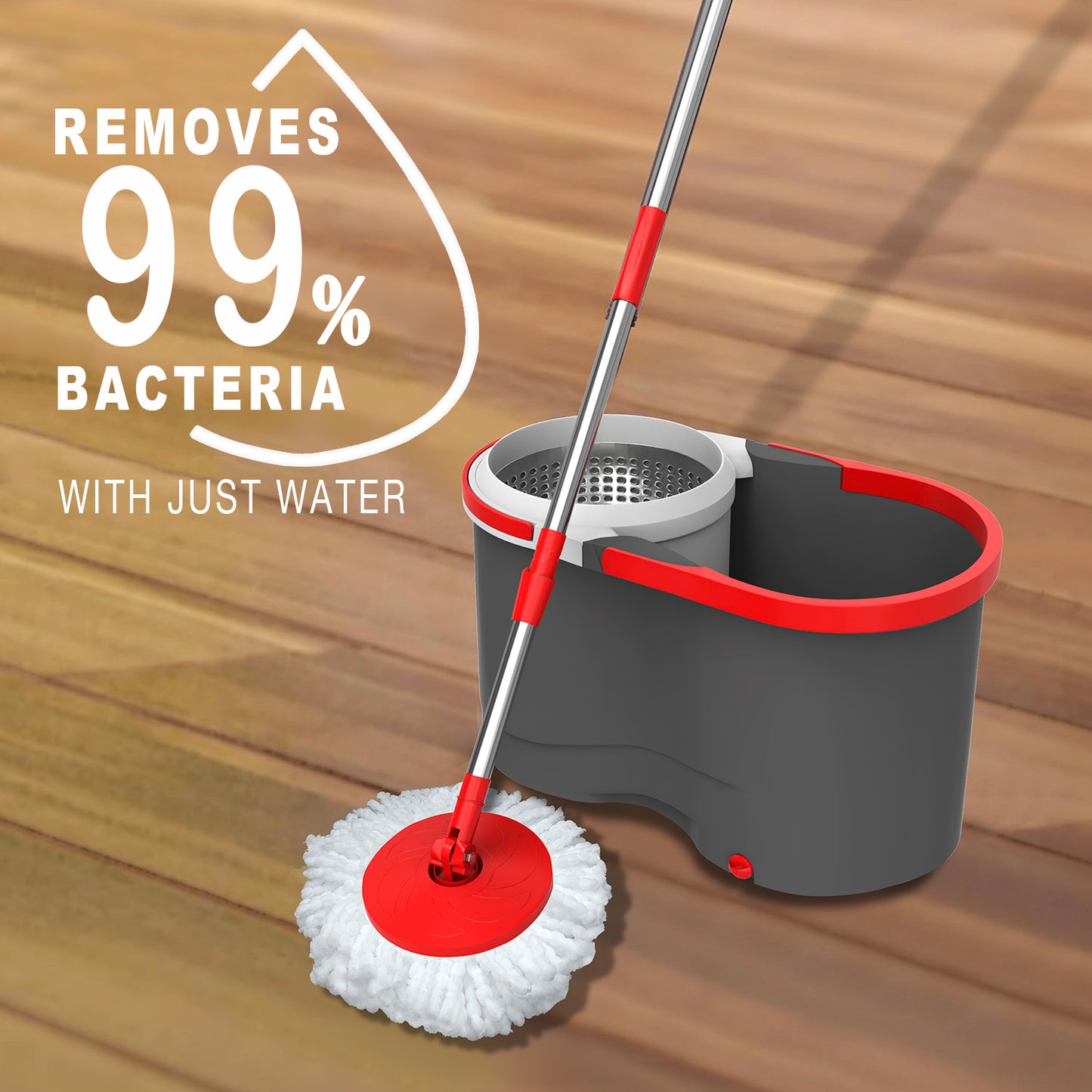 Spin Mop & Bucket Set Sysytem – No Pedal Power Rotation Drying System with Stainless Steel Handle, 2 Microfiber Mop Heads, Removes 99% of Bacteria, Easy to Use, Machine Washable, for All Floor Types