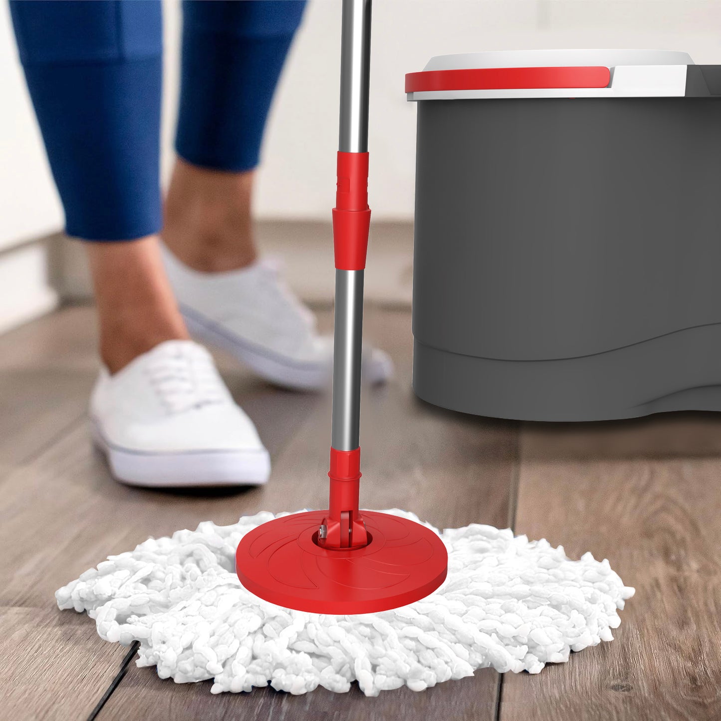 Spin Mop & Bucket Set Sysytem – No Pedal Power Rotation Drying System with Stainless Steel Handle, 2 Microfiber Mop Heads, Removes 99% of Bacteria, Easy to Use, Machine Washable, for All Floor Types